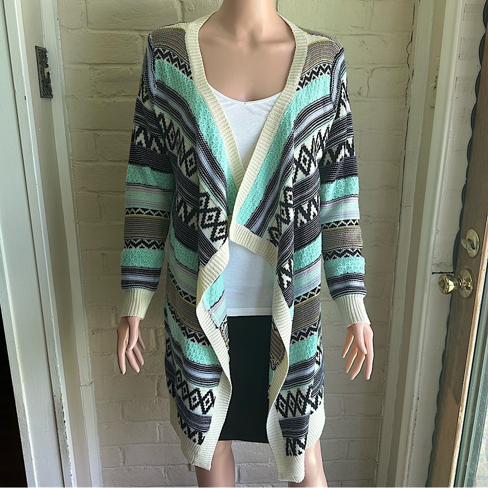 Altar’d State medium large cream blue & teal colored comfy boho tribal cardigan